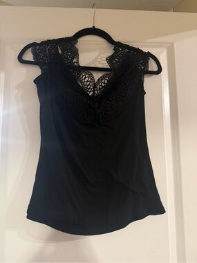 Black Lace Trim V-Neck Top